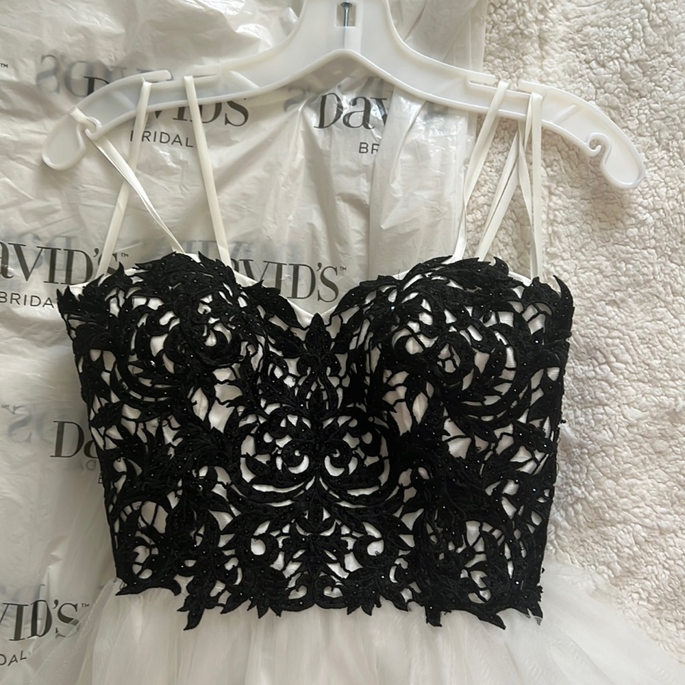 David’s Bridal lace prom dress with ball gown skirt